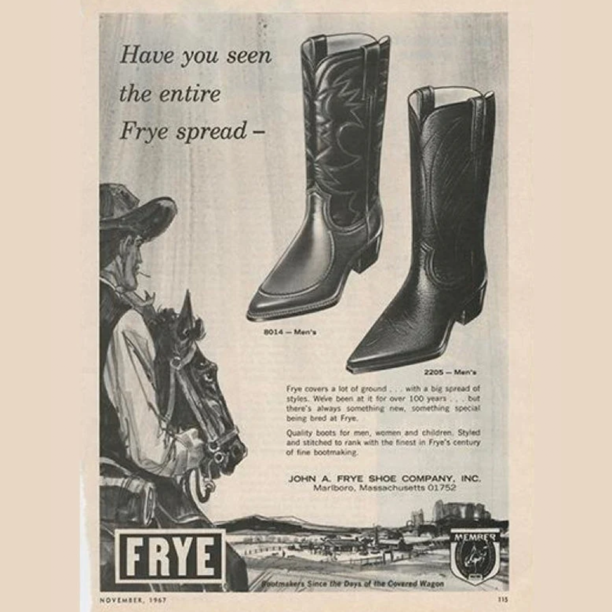 Vintage Frye shoe advertisement print featuring two cowboy boots shown side by side with a cowboy and horse illustration, plus Frye branding and text on an off-white background.