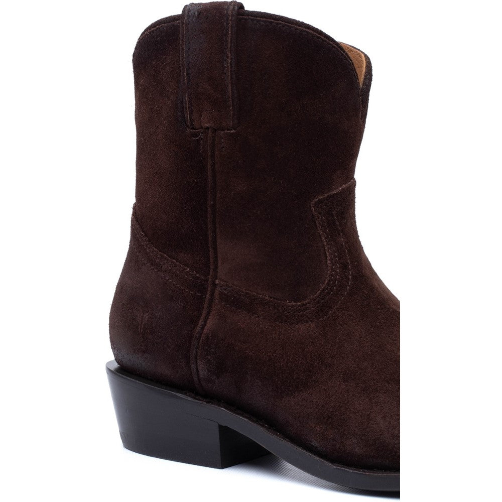 Close-up view of stitching on Frye Billy Short Boot in Chocolate