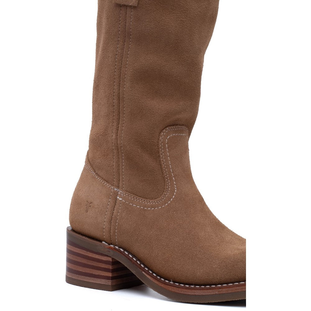Close-up view of stitching on Frye Campus 12R Suede Boot in Tan