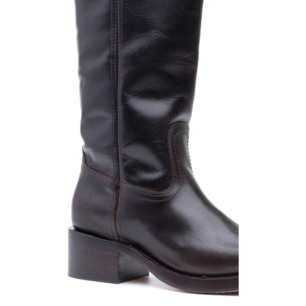 Close-up view of stitching on Frye Campus 14L Boot in Bourbon