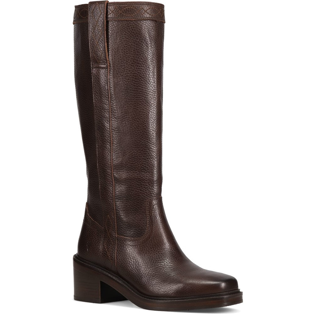 Three-quarter view of Frye Kate Pull On Boot in Dark Brown