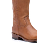Close-up view of stitching on Frye Billy Softy Tall Boot in Amber