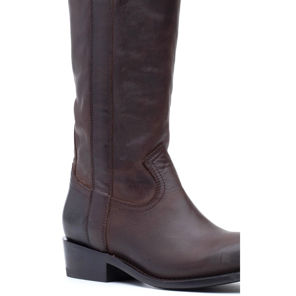 Close-up view of stitching on Frye Billy Softy Tall Boot in Brown