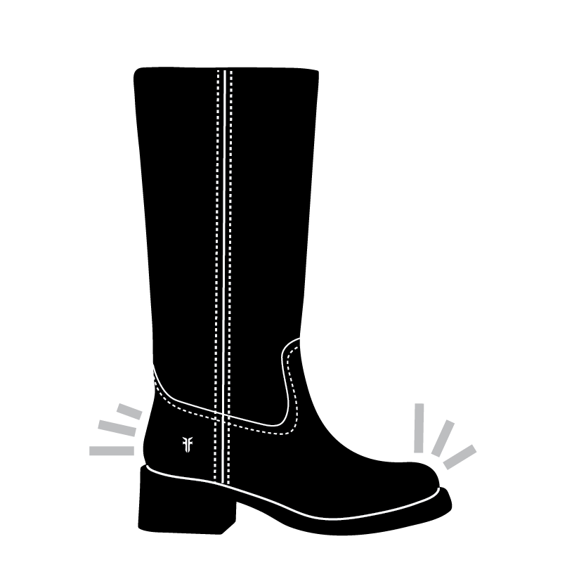 A stylized black boot illustration on a white background with white outline stitching details and small gray burst marks near the heel and toe.